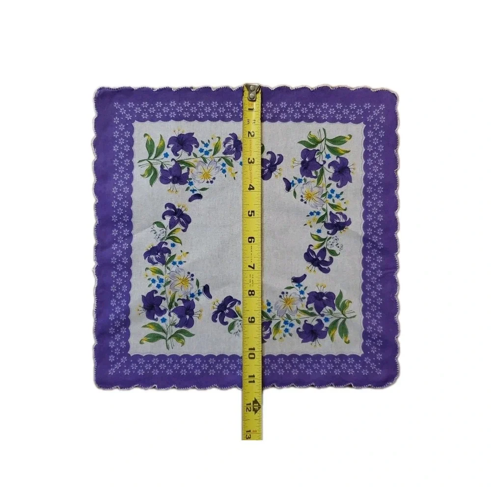 Linen Purple Lily Floral Handkerchief Scalloped Cottage Core Bridesmaid Granny